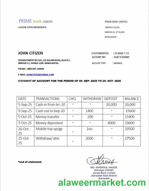 Bangladesh Prime Bank Limited statement of account Word and PDF template